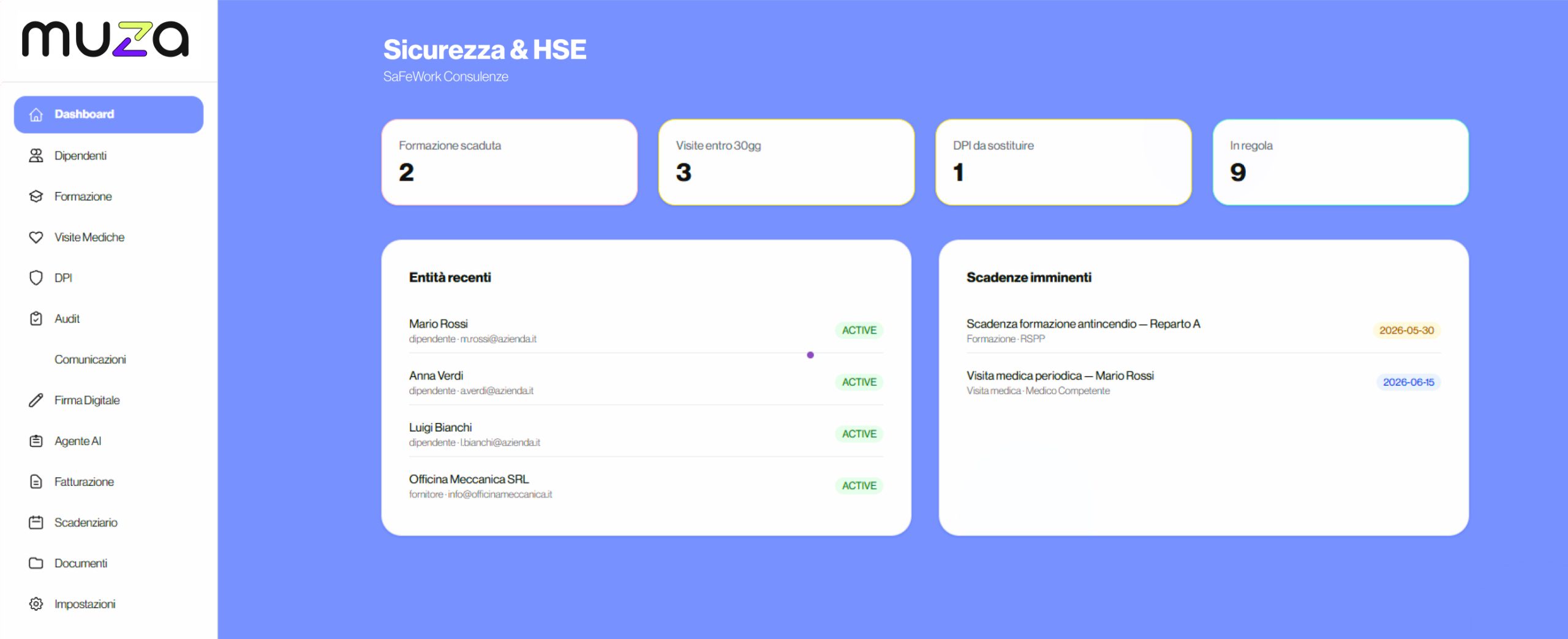 Screenshot della dashboard del gestionale per HSE sviluppato da Muza Studio