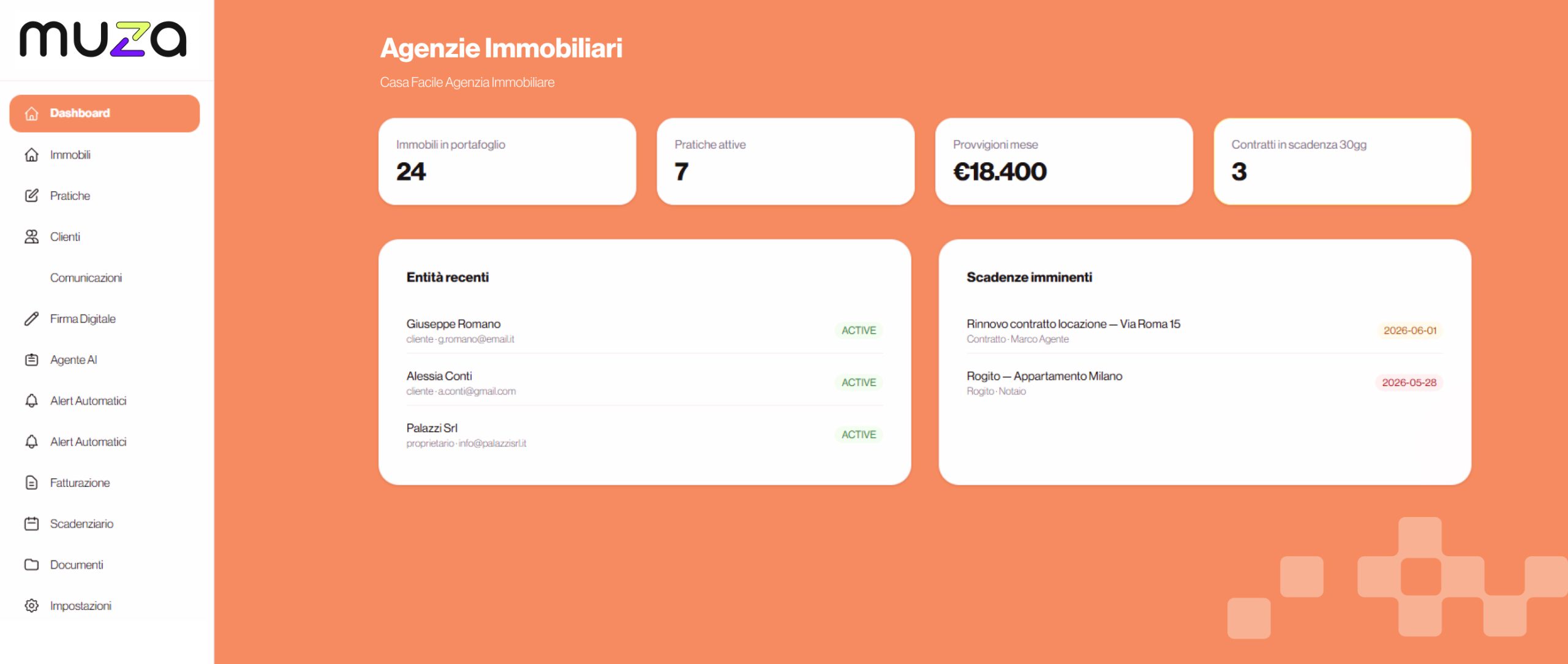 Screenshot della dashboard del gestionale per agenti e agenzie immobiliari sviluppato da Muza Studio