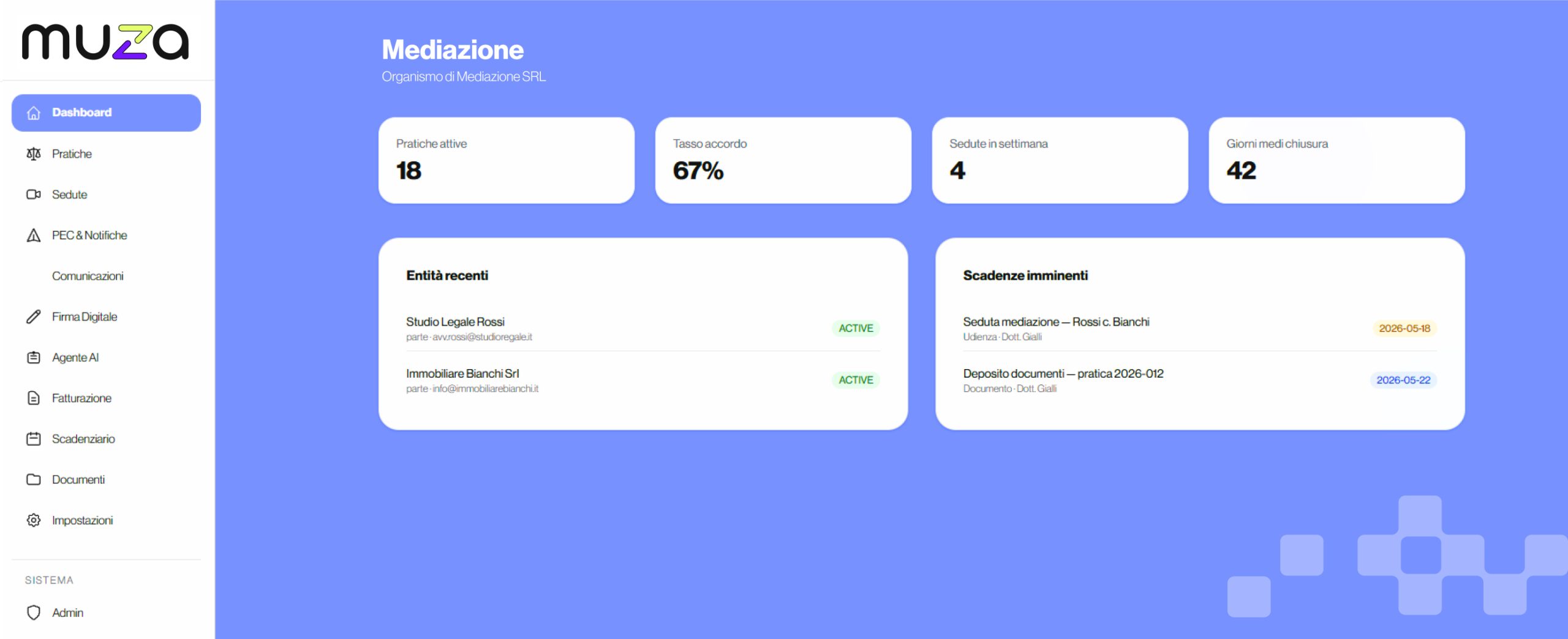 Screenshot della dashboard del gestionale per mediazioni civili sviluppato da Muza Studio