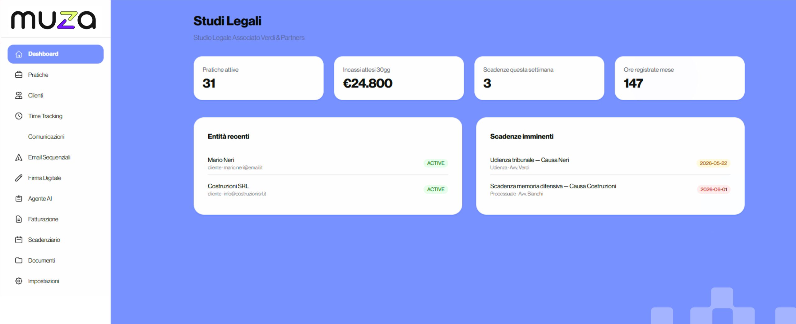 Screenshot della dashboard del gestionale per studi legali sviluppato da Muza Studio