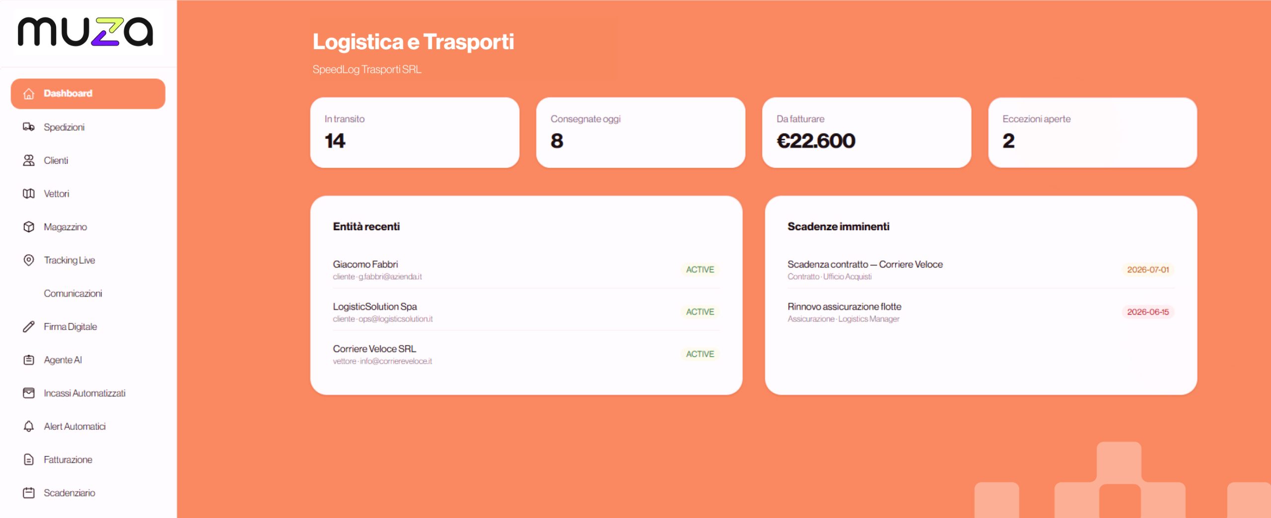 Screenshot della dashboard del gestionale per logistica e trasporti sviluppato da Muza Studio