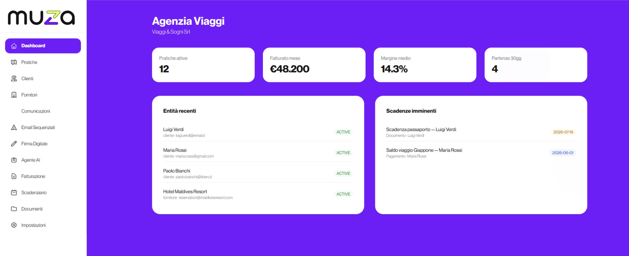 Screenshot della dashboard del gestionale per agenzie viaggi sviluppato da Muza Studio