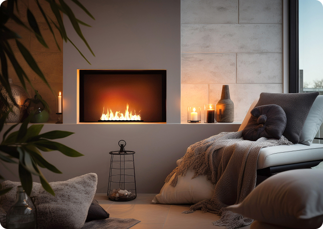Salotto moderno con illuminazione rilassante con biocamino accesso