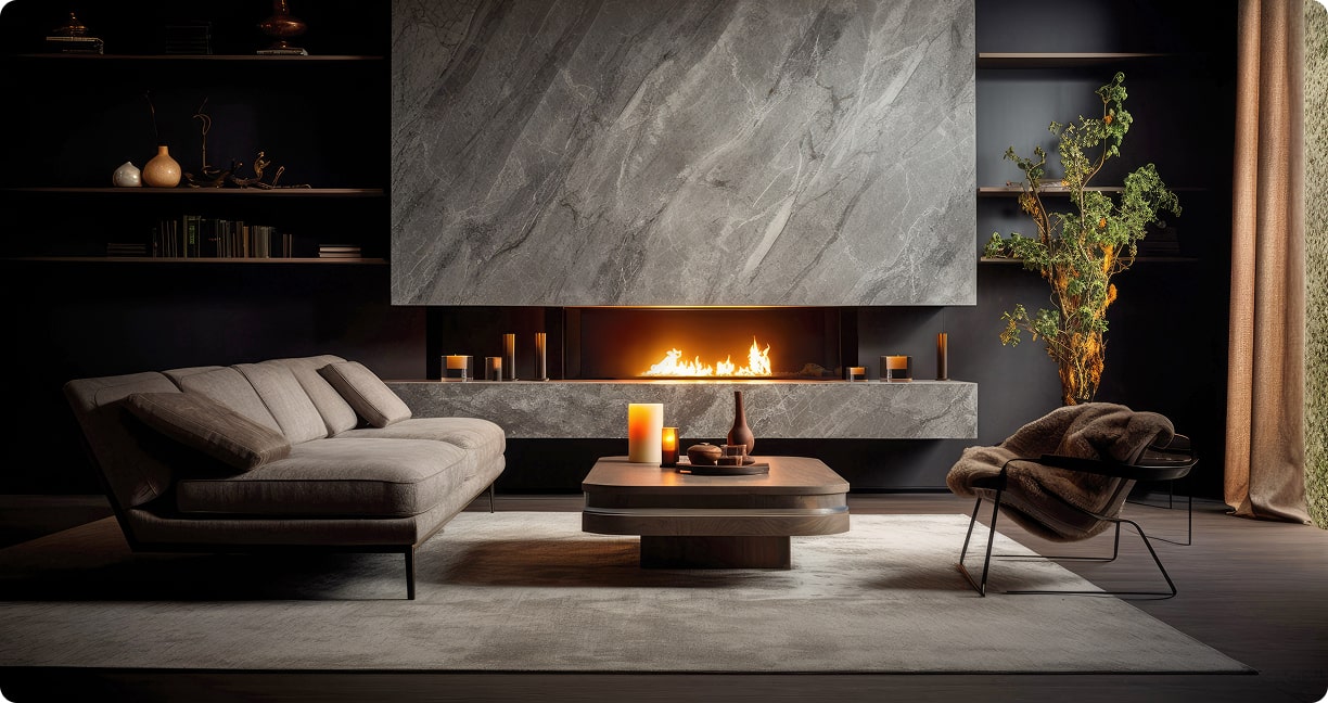 Salotto moderno di lusso con biocamino di design accesso