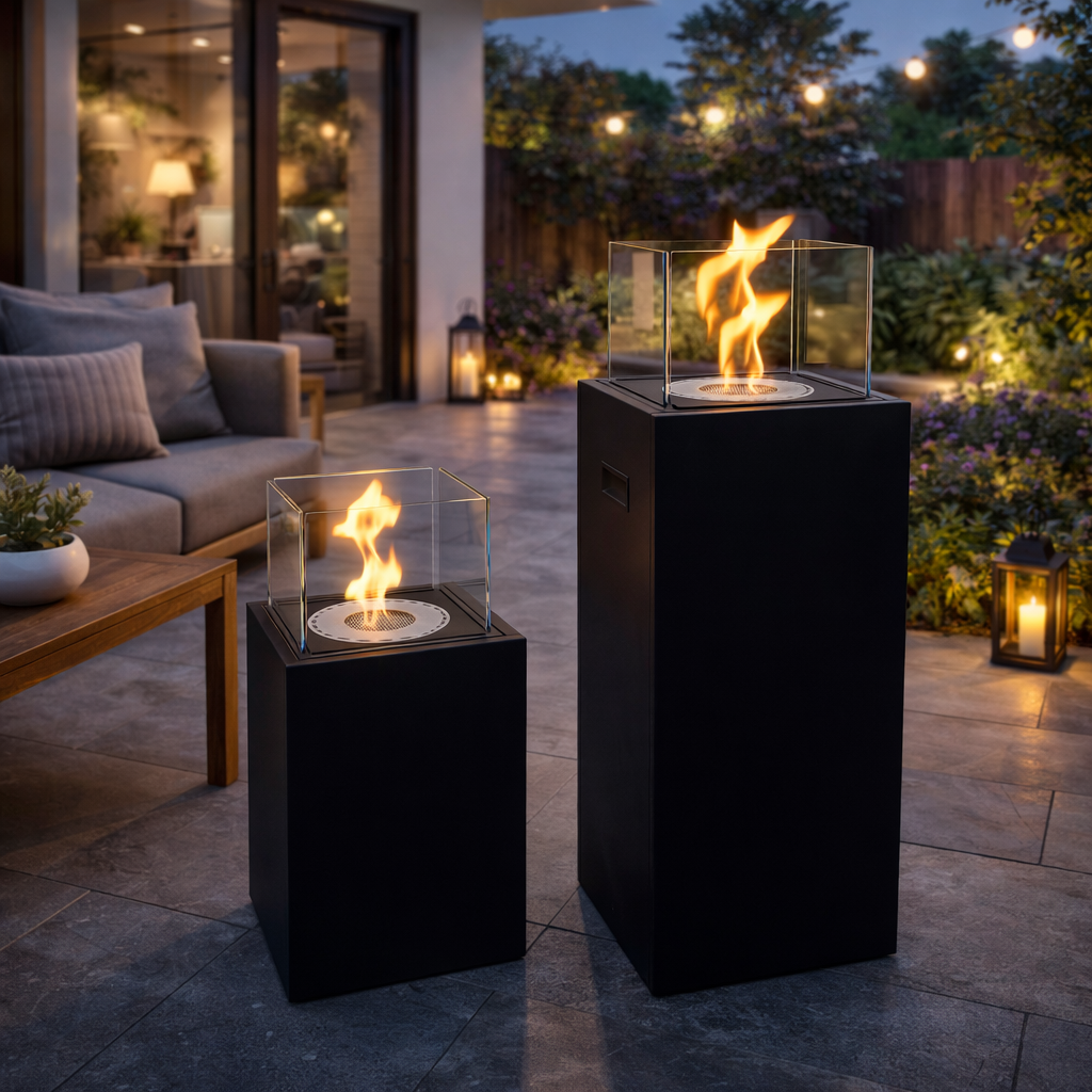 Ambiente esterno di design con biocamini tower accesi