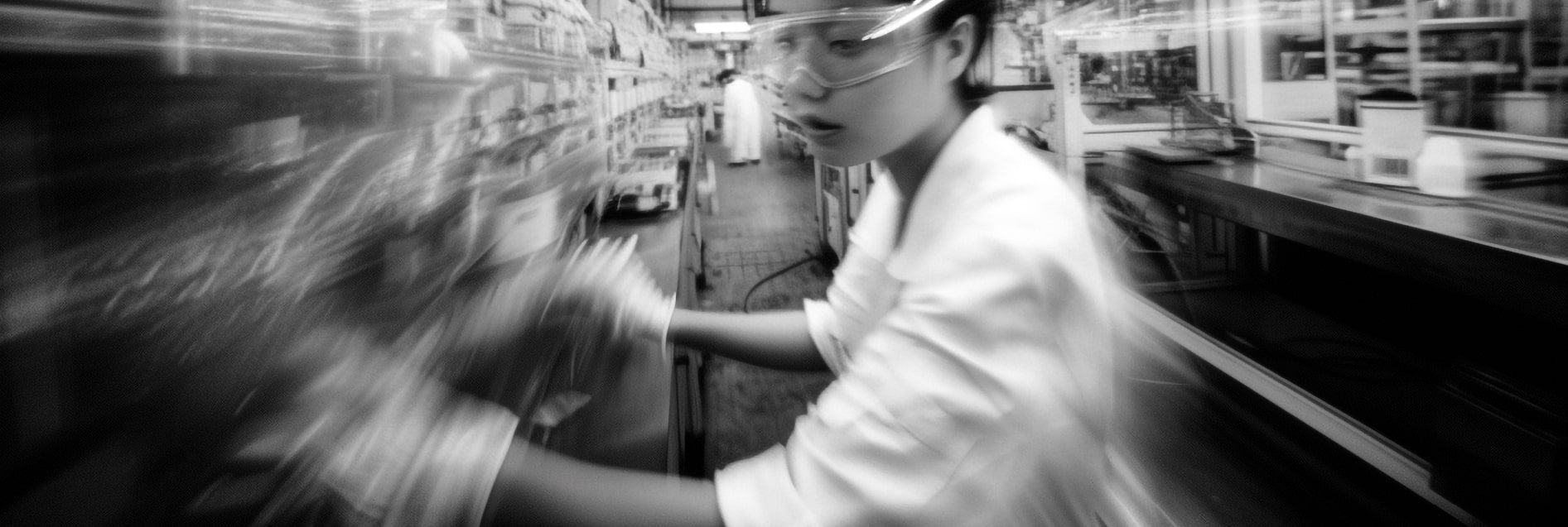 Banner ad alta definizione. Foto in bianco e nero di una linea automatizzata di inscatolamento e confezionamento in un impianto industriale moderno.