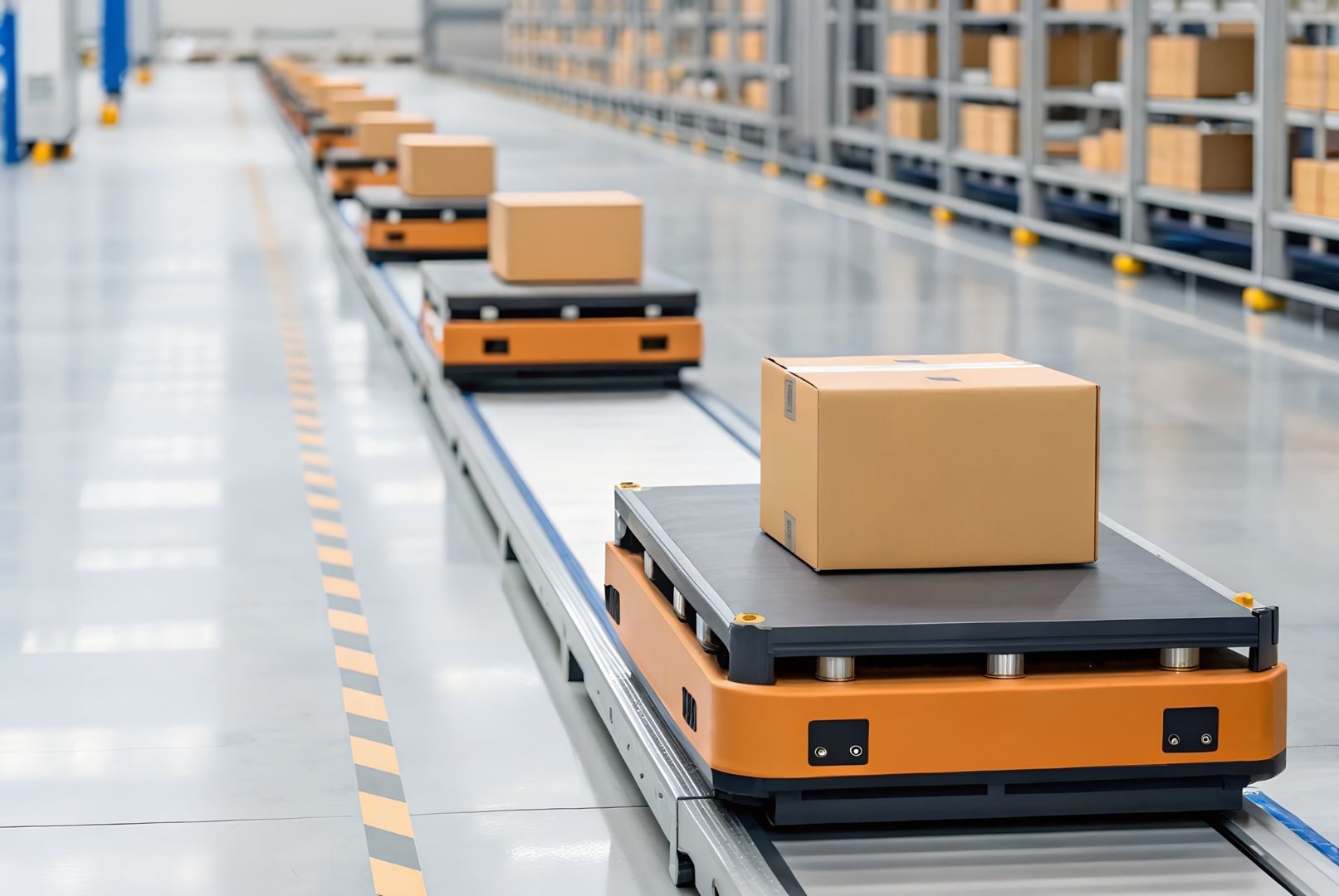 Flotta di veicoli a guida autonoma AGV su binari per la movimentazione automatizzata delle merci in un moderno impianto industriale 4.0.