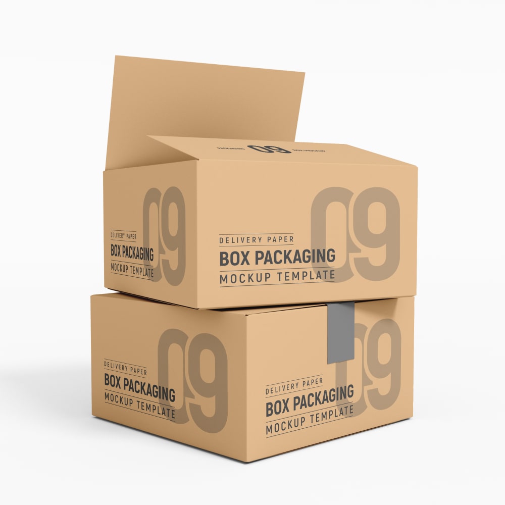 Mockup di packaging in cartone. Due scatole di cartone impilate.