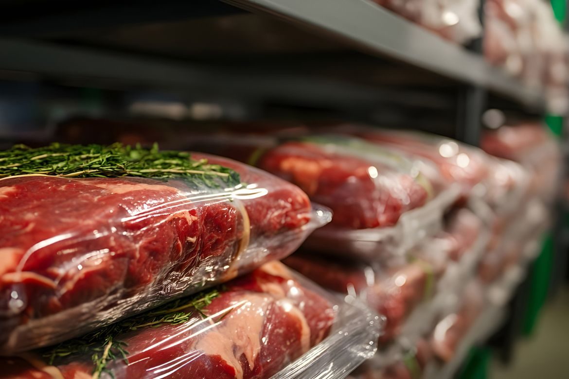 Prodotti alimentari in sottovuoto stipati in scaffali pronti per il trasporto e la vendita